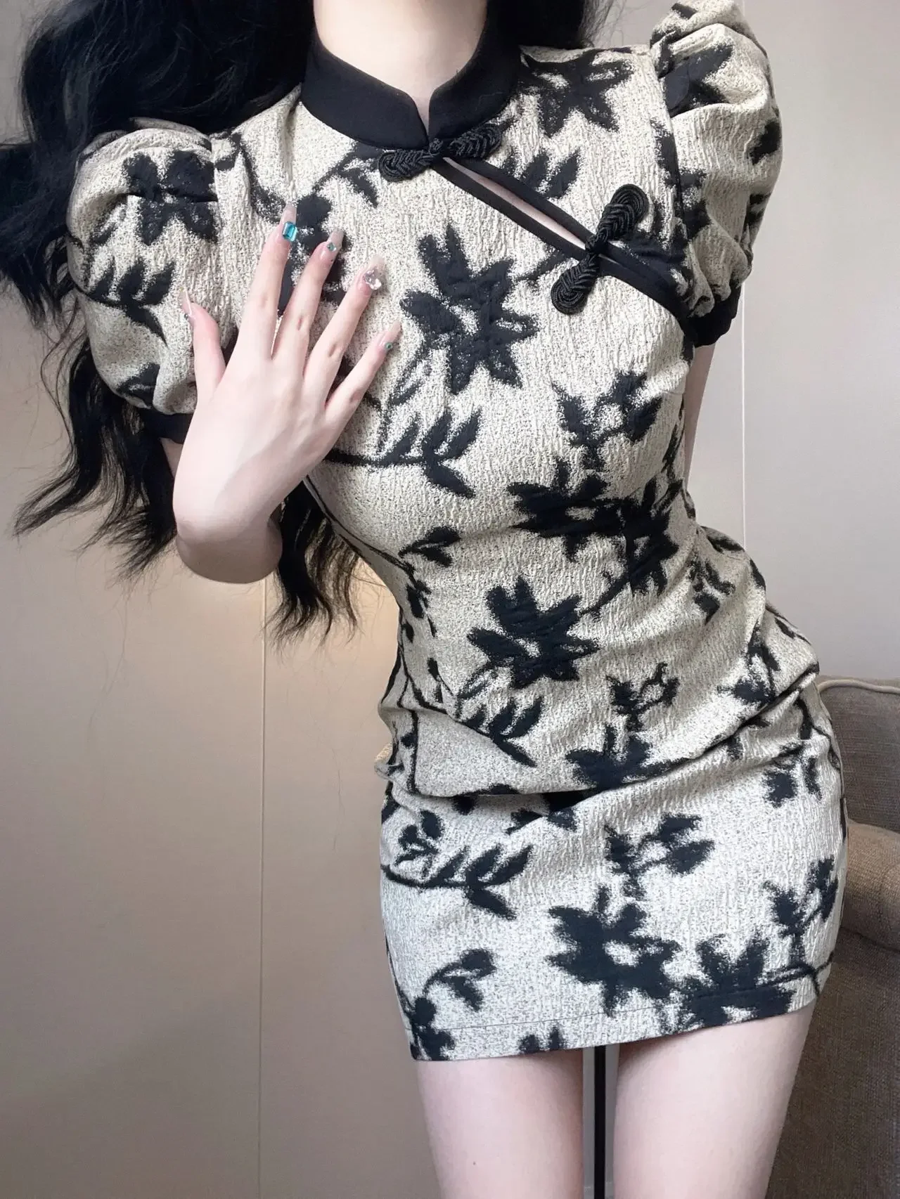 빈티지 여름 드레스 여성 2023 Vestidos De Mujer 스탠드 넥 짧은 소매 꽃 Bodycon 미니 드레스 기질 가운 Femme