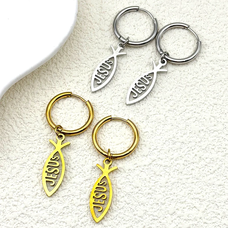 

Ichthys Jesus Fish Cross Christ God Pendant Drop Earrings for Women Men Stainless Steel Gold Color Christian Earring Jewelry