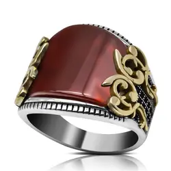 Wholesale Real 925 Sterling Silver Male Ring Vintage Turkish Finger Ring Natural Red Agate Stone Ring Silver