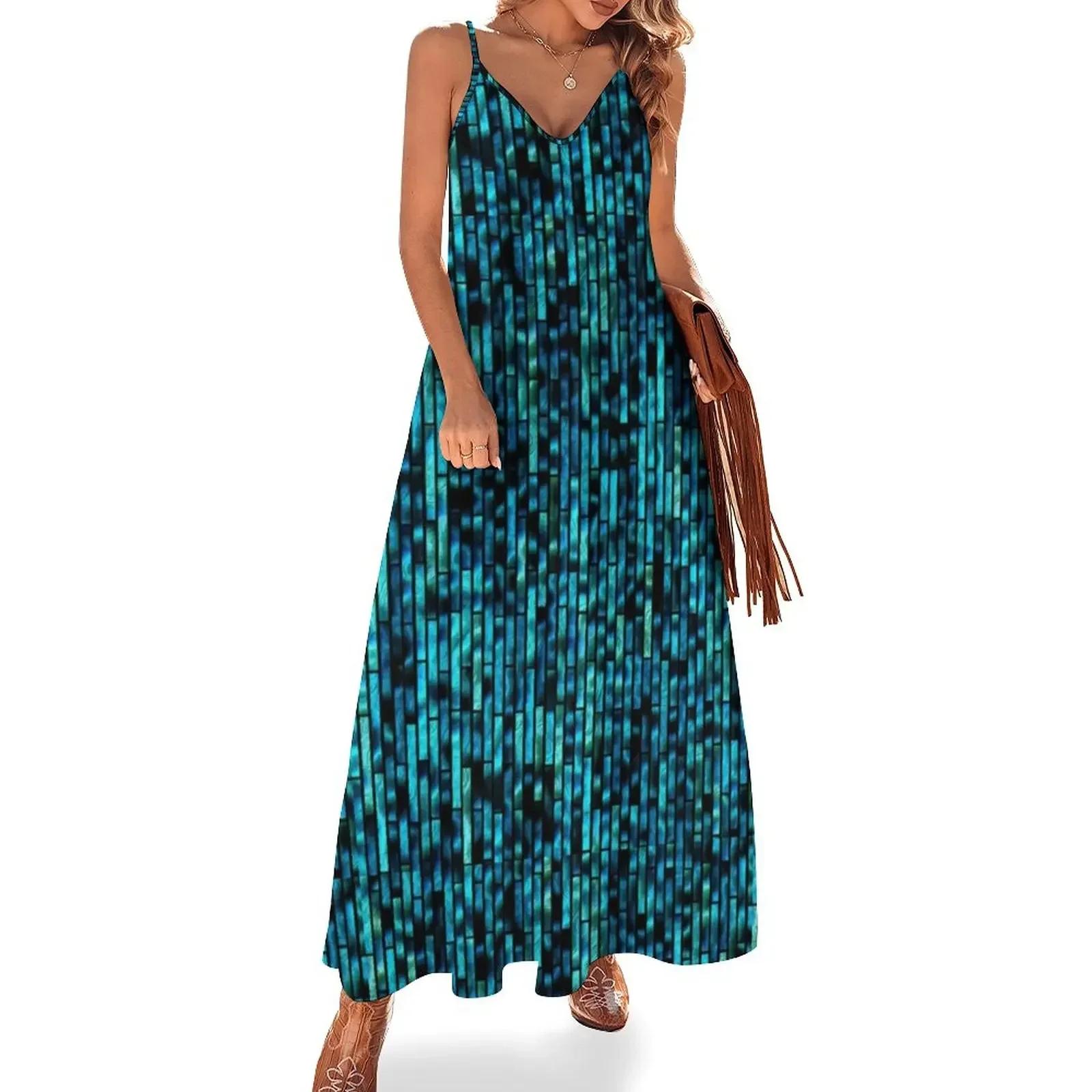 

70s Disco Retro Inspired | Blue Sequin PRINT Texture Sleeveless Dress women's fashion dresses Elegant gowns Dress