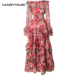 MARYYIMEI Summer Women's Dress Flare Sleeved Elastic Waist Flounced Edge Slash Neck Bohemian Holiday Pleated Dresses