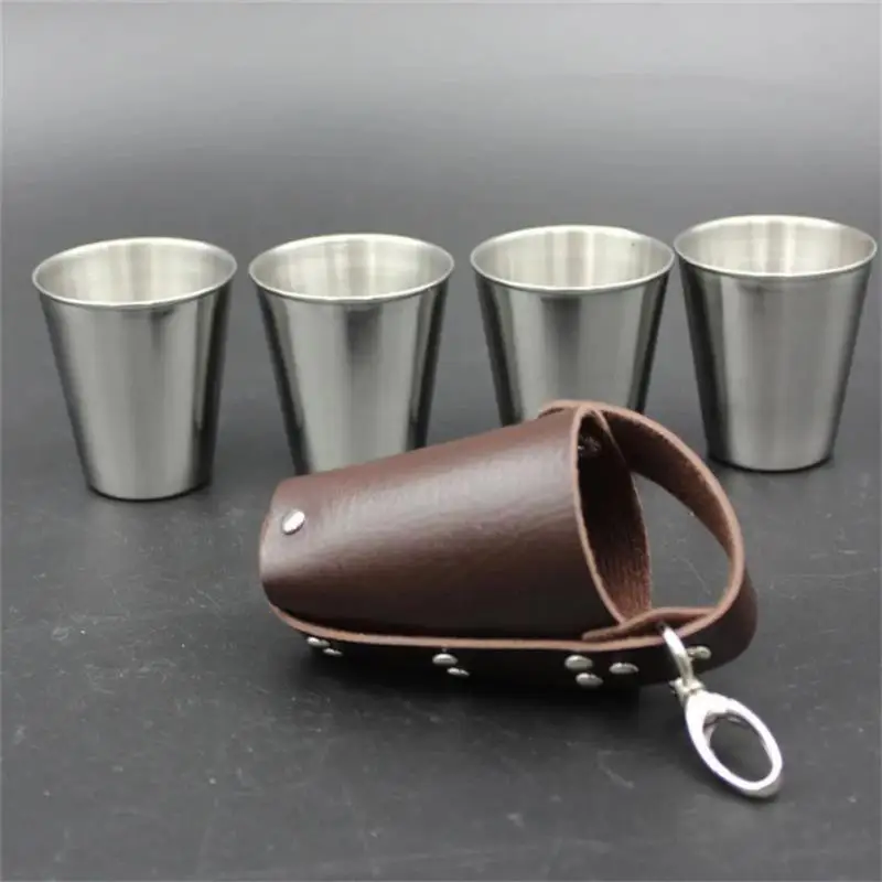 4 Pcs/Set Polished 70 Ml Mini Stainless Steel Shot Glass Cup Drinking Wine Glasses With Leather Cover Bag  For Camping Travel