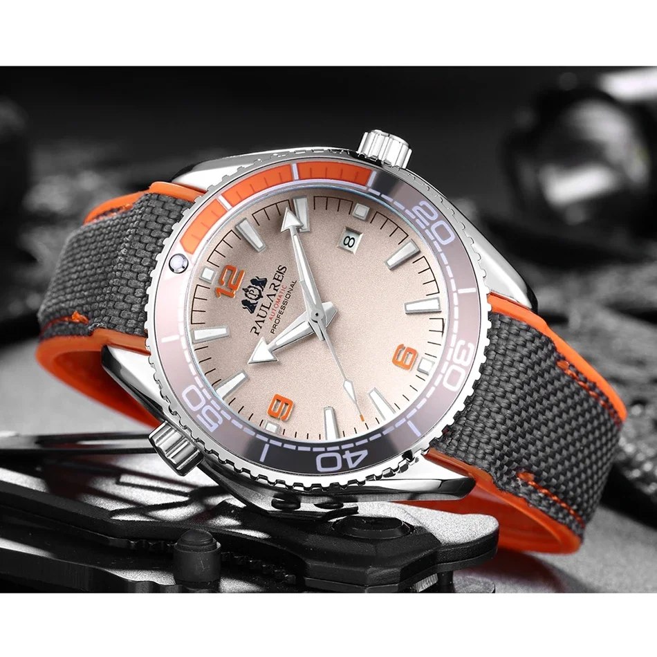 Automatic Watches for Men Mechanical Self Wind Canvas Rubber Strap Orange Blue Red Luxury Reloj Hombre Baratos