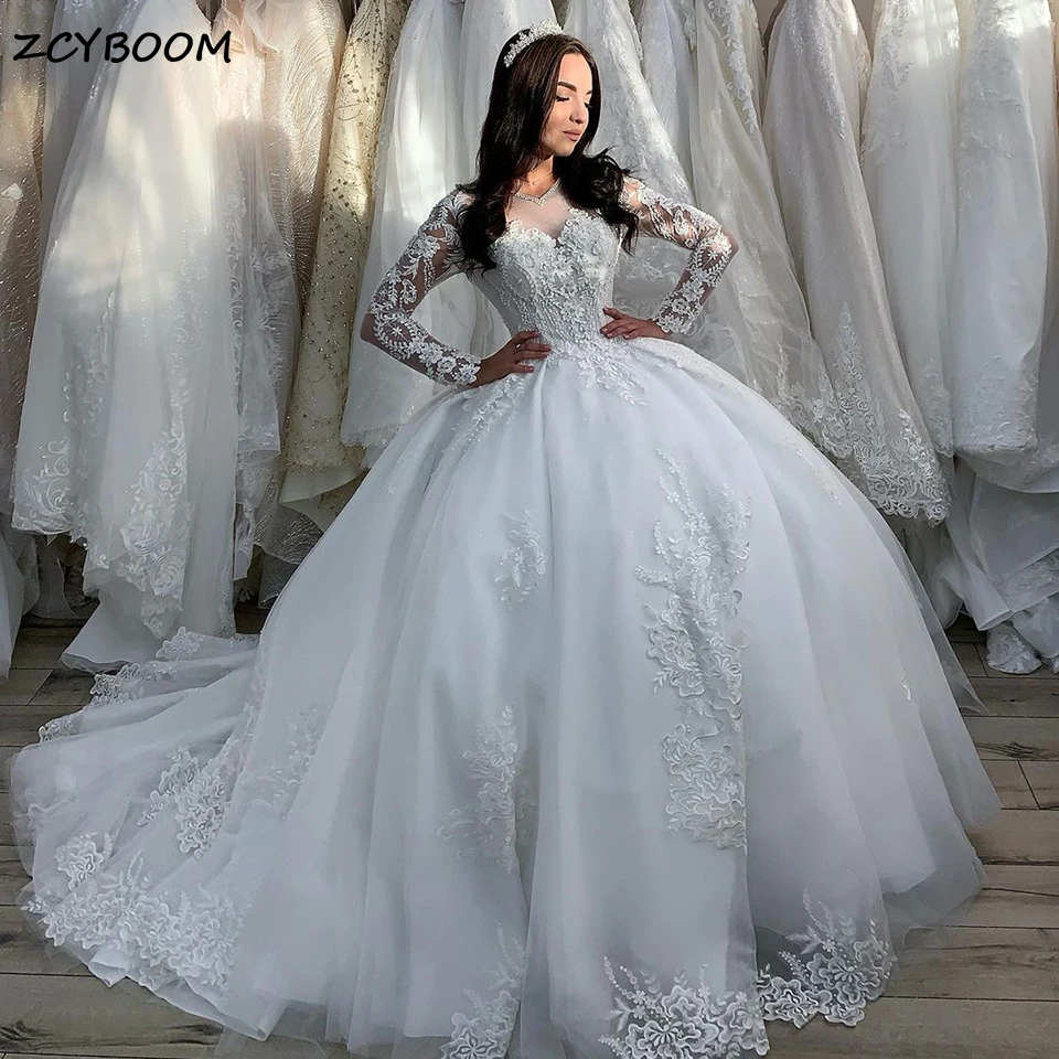 Customized Luxury Princess Ball Gown Long Sleeves Wedding Dresses Lace Appliques Women Bride Gowns Court Train Vestidos De Novia