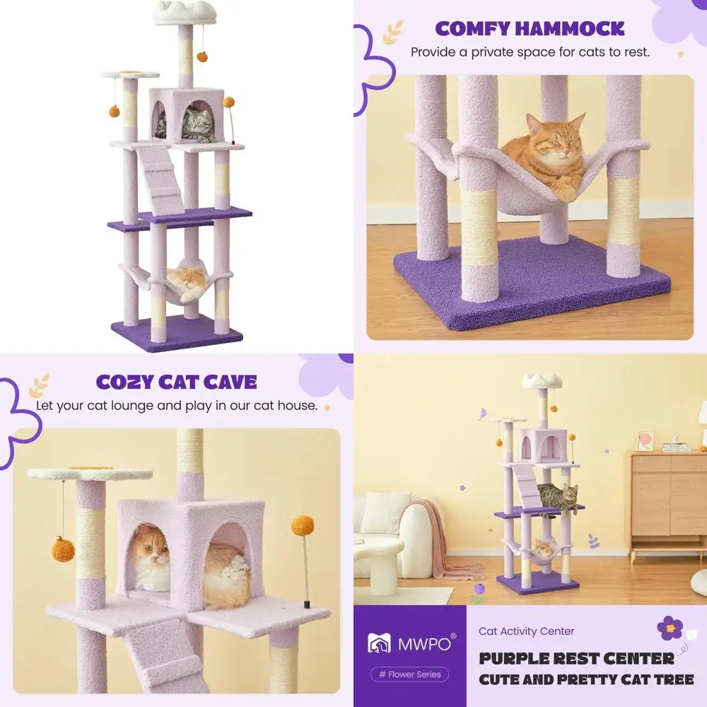 

Indoor Cat Tree 63.8 Inches Tall with Multi-Level Platforms, Sisal Scratching Posts, and Padded Resting Areas for Feline Play an
