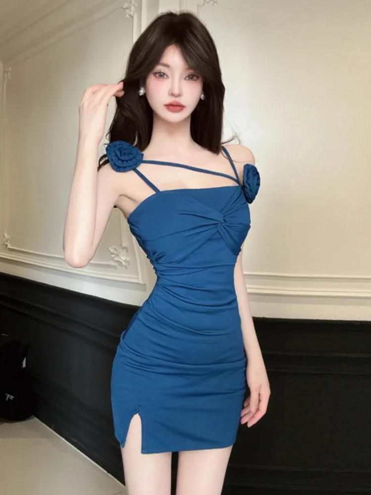 Kimotimo Sexy 3D Flower Spaghetti Strap Bodycon Dress Women Summer Birthday PartyTwist Design Wrapped Short Strapless Dresses