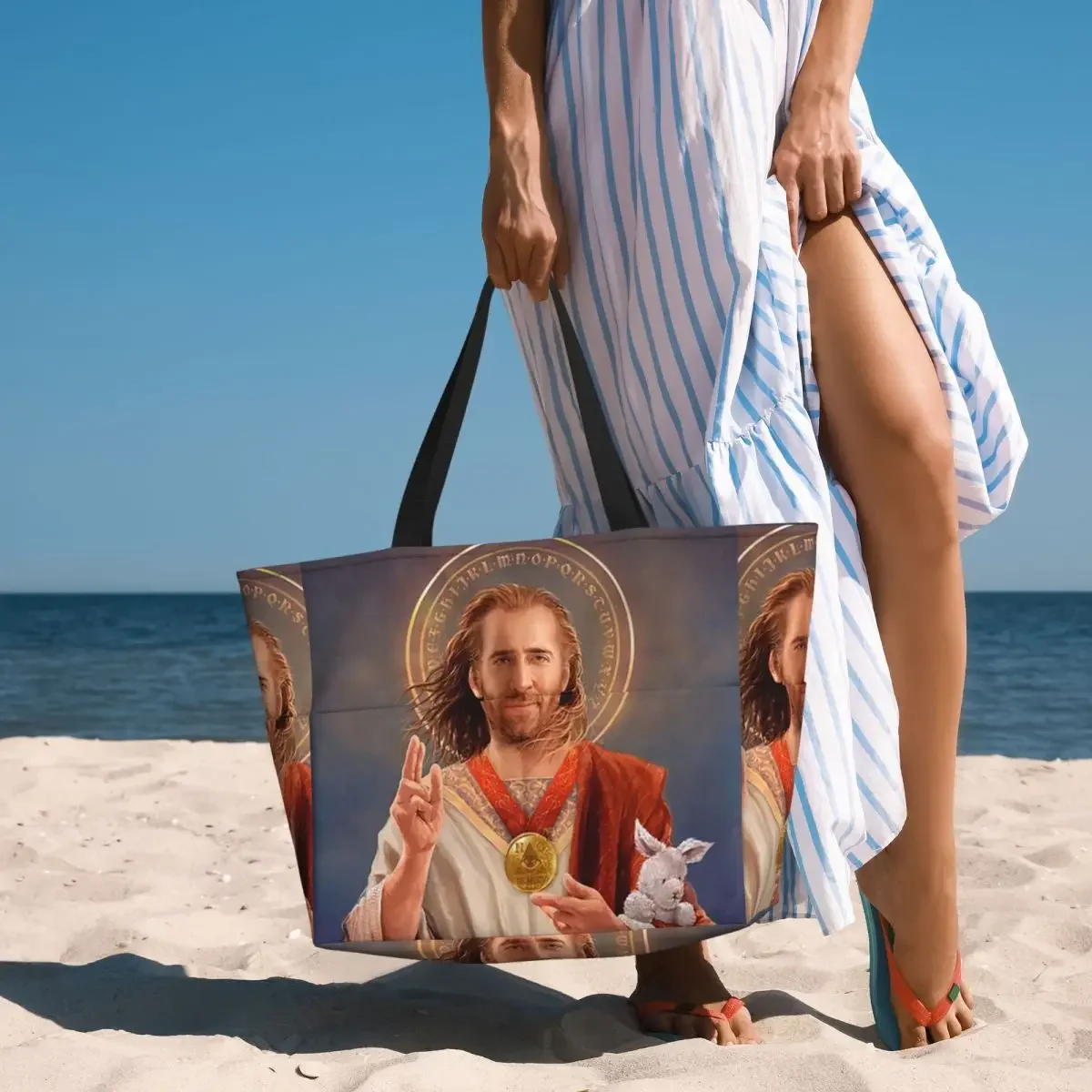 Nicolas Cage, Saint Nicolas Of Cage, Nic Cage Original Religious Painting Poster55 Beach Tote Bag Women Travel Bag Fitness bag