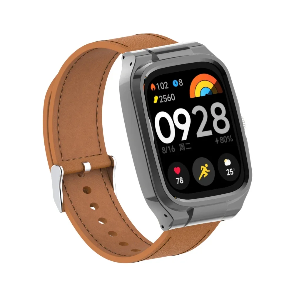 Leather suitable for Redmi watch 4 strap,  high-quality Leather strap, metal protection case for Redmi Watch 4 replacement strap