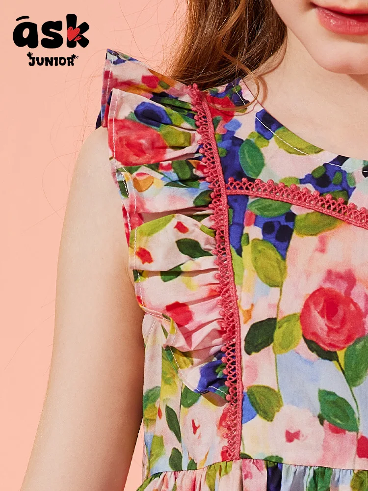 فستان Tween Girls صيفي عصري بدون أكمام على شكل زهرة كبيرة #5