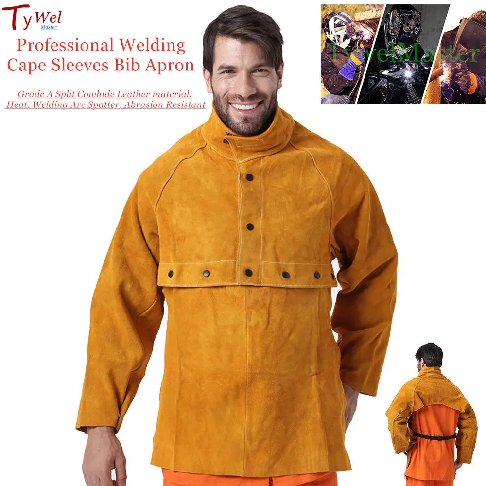 

Professional Welding Cape Sleeves Bib Apron CE Cowhide Leather Garden Clothing Welder Protective Clothes