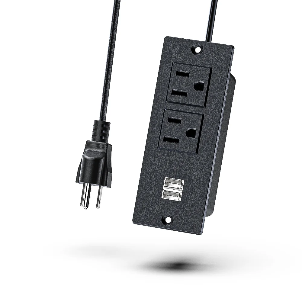 Compact Recessed Power Strip 1500W 12A with 2 Outlets 2 USB A Ports Black Hidden Charging Station for Furniture Conference Table