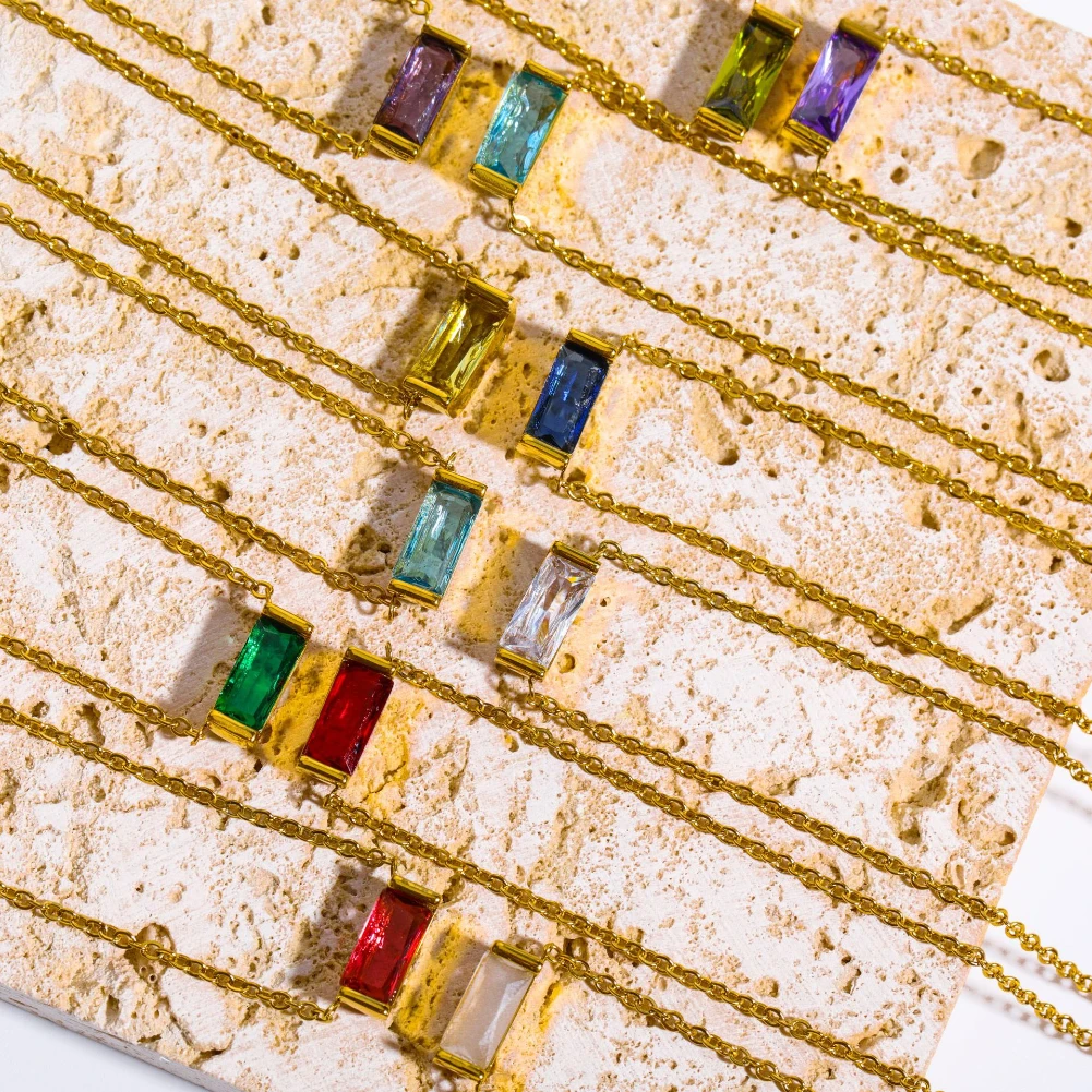 Collana con ciondolo rettangolare con zirconi colorati alla moda, catena in acciaio inossidabile placcato oro 18 carati, gioielli da festa per le donne