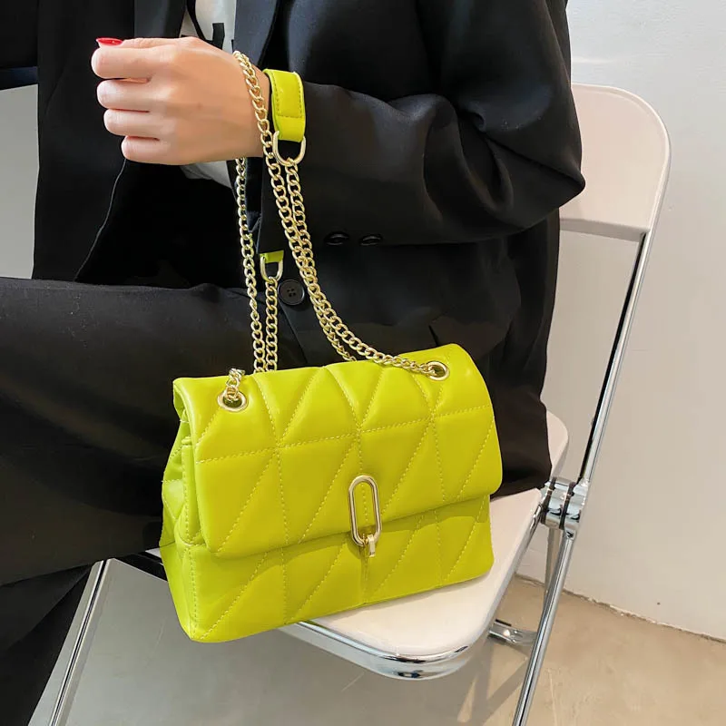 Kiwi Green Summer PU Leather Flap Crossbody Bags For Women Luxury Solid Color Shoulder Handbags Chain Purses