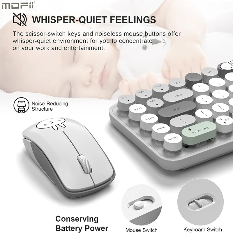 Ergonomic 2.4G Wireless Silent Keyboard Mouse Combo 68 Key Retro Round Keycap Multimedia Function Cute Keyboard for WinXP/7/8/10