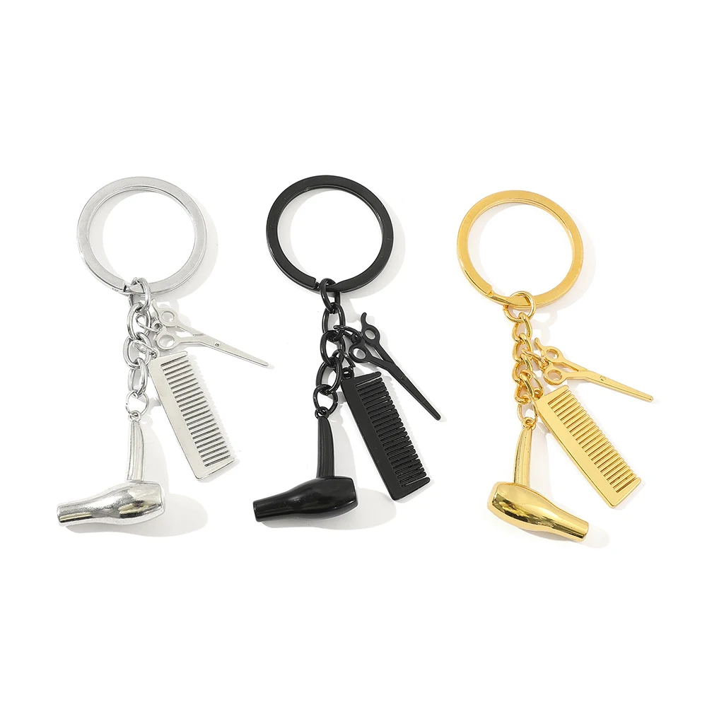 Fashion Creative Key Chain Hair Dryer Scissor Comb Shape Pendant Key Ring Men Women Gold Silver Color Metal Car Key Holder Gifts