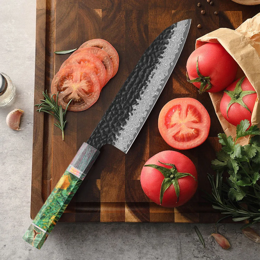 TURWHO 7-inch Santoku Knife Japanese Chef Knife Hand Forged 67 Layer Damascus Steel Kitchen Knives Meat Vegetables Cooking Tools