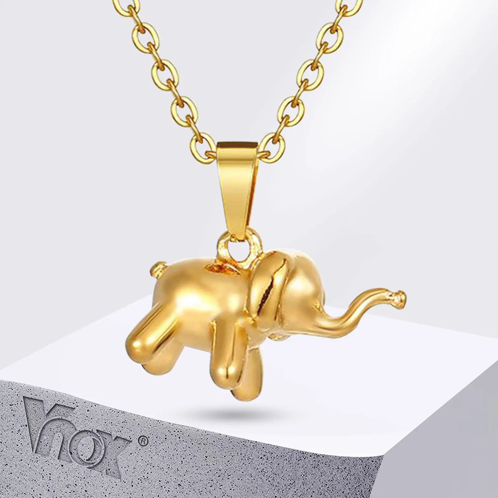 Vnox Cute Sweet Elephant Pendant Necklaces for Women Girls, Gold Plated Solid Stainless Steel Collar, Romantic Gift for Her