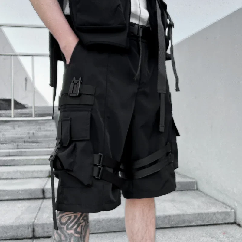 New Summer Men's Functional Letter Drawstring Cargo Shorts Trendy Sports Paratrooper Techwear Chic Knee Length Trousers