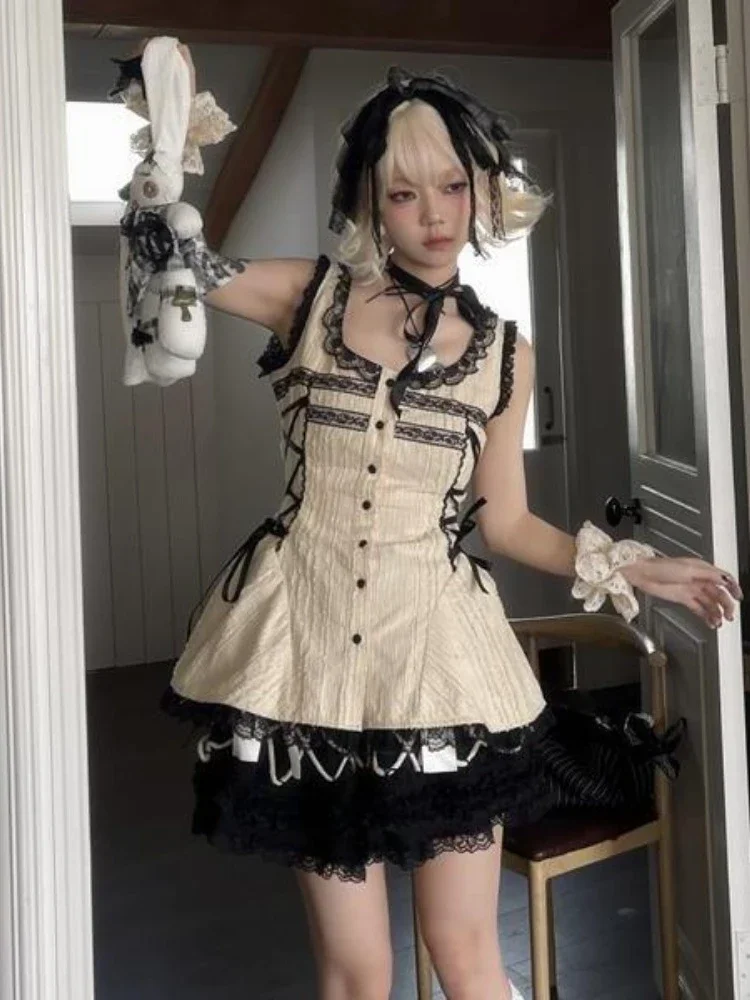 Y2k Lolita Lace Shirts Women Japanese Style Vintage Gothic Aesthetic Goth Bandage Blouse Harajuku Fairycore 2000s Chic