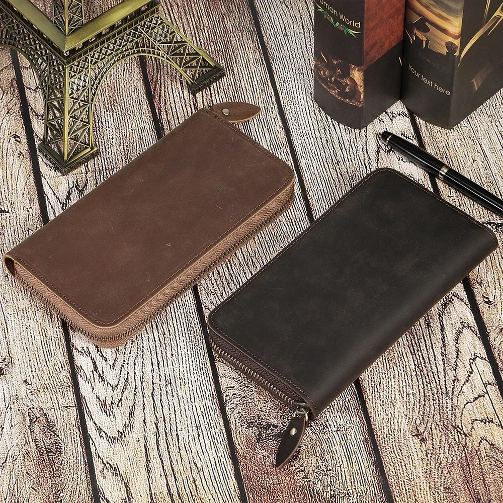 Genuine Leather Long Wallets for Men RFID Blocking Cash Credit Card Holder Checkbook Wallet Zipper Coin Pocket Purse Male Purse