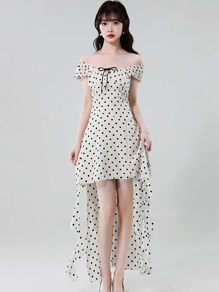 Summer White Polka Dot Bow Square Collar Midi Dress Women Elegant Chic Ruffled Mermaid Dress 2026 Korean Bodycon Festival Dress