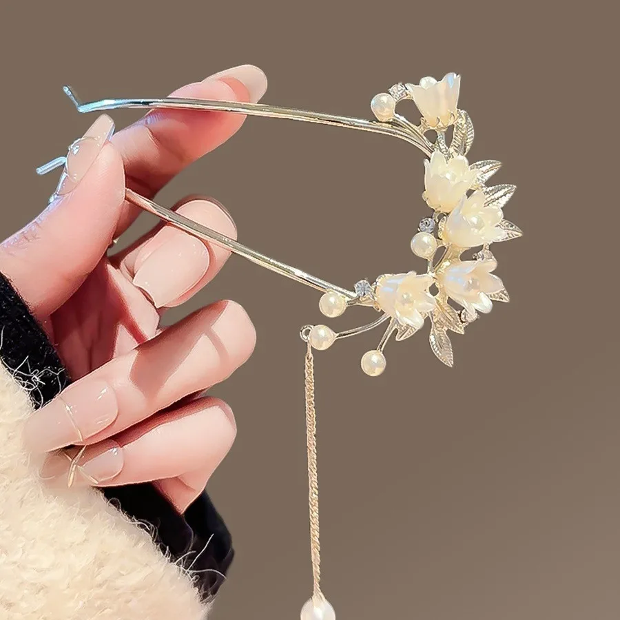 Super Fairy Orchid Pearl Tassel U-shaped Hairpin for Women Chinese Ancient Style Alloy Clasp Elegant Hanfu Headwear