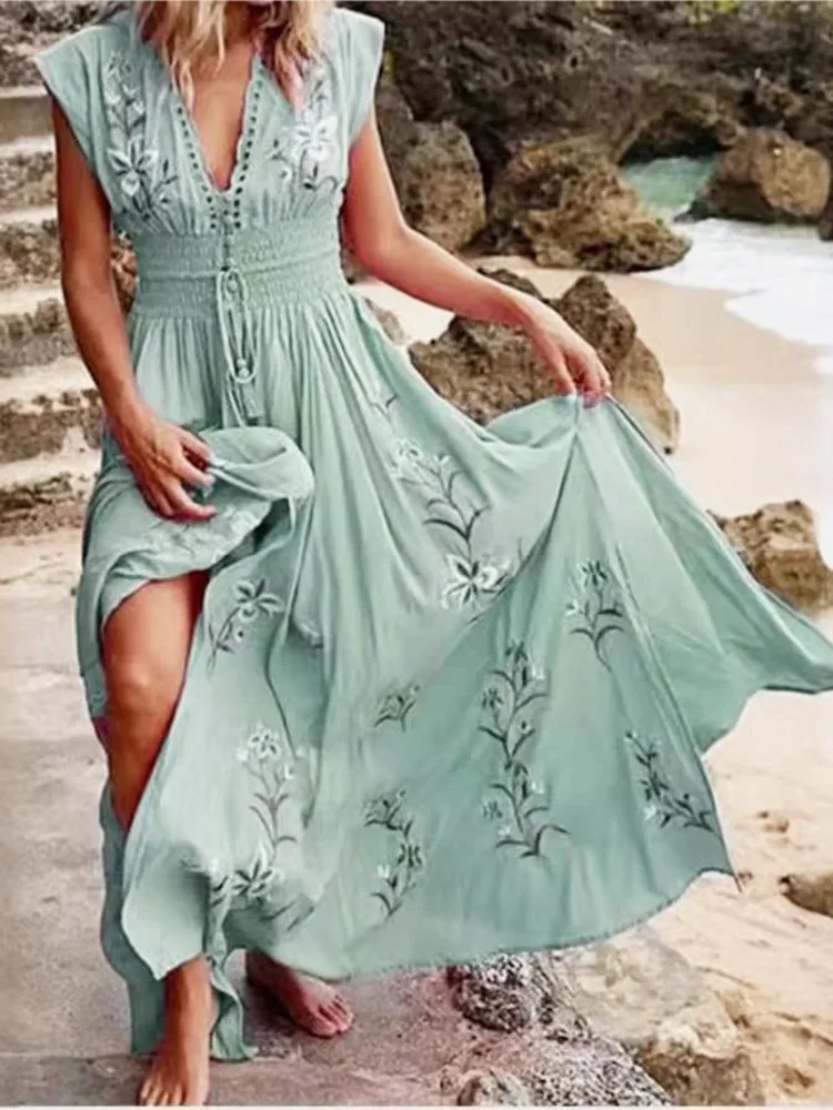 2024 estate sexy scollo a V senza maniche abito lungo abbigliamento donna vacanza spiaggia bohemien vestito estivo moda femminile gonna floreale sottile