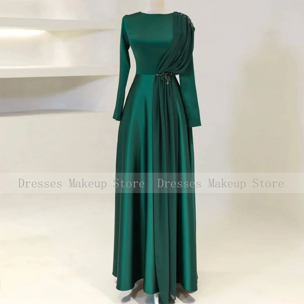 Modest Evening Dress Long Sleeves High Collar A Line Saudi Arabian Evening Gowns for Women 2025 Satin Beading Formal Party Dress