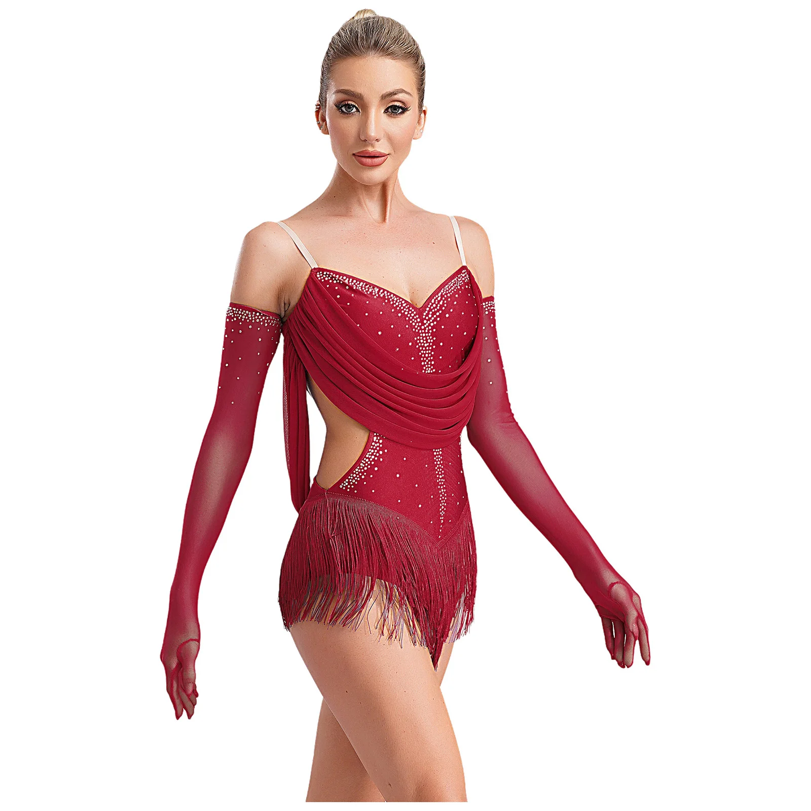 Lyrical Latin Dancing Bodysuit Womens Mesh Drapes Tassel Dance Leotard Glittery Rhinestones Cutout Fringed Bodysuit with Gloves