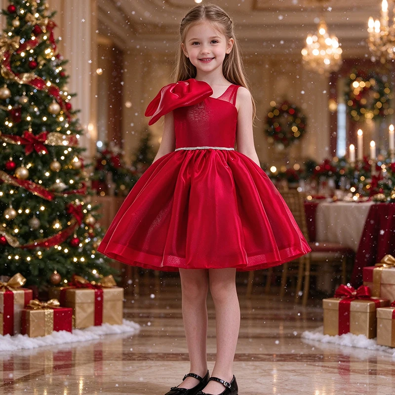 Kids Red Satin Bow Dress For Girls One Shoulder Puffy Princess Party Dress Kids Christmas Birthday Wedding Pageant Gown