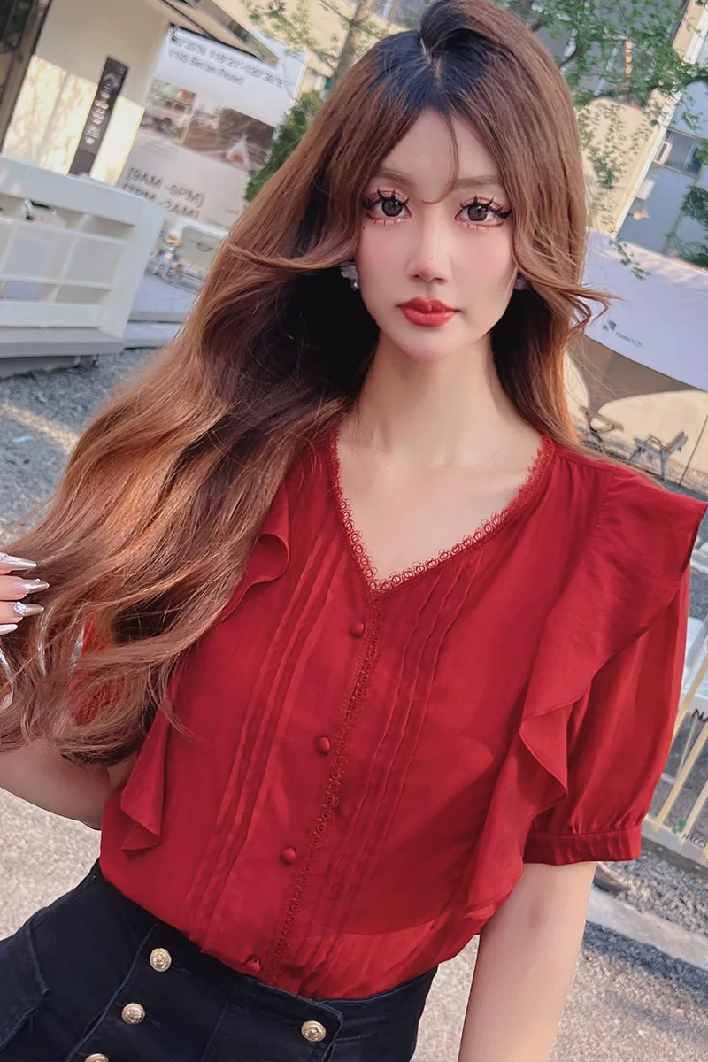 Dabuwawa Ruffles Blouses Women's 2023 Summer New Short Sleeved Shirt Casual Office Lady Top DM1BST058