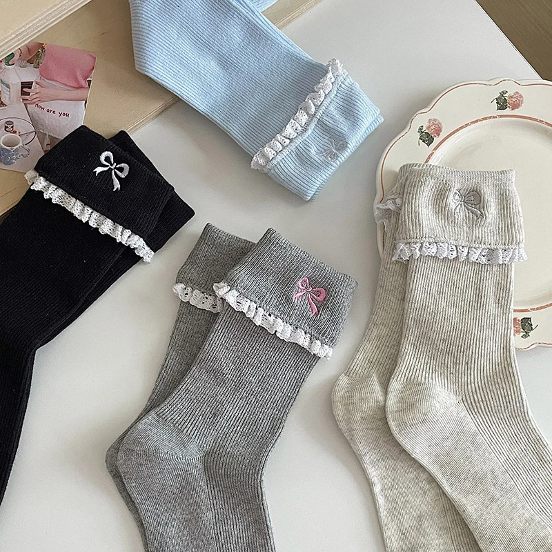 Simple All-match Girly Cotton Socks Lace Bow Sweet Sock Casual Breathable Sweat-wicking Mid-tube Socks Fashion Accessories Gifts