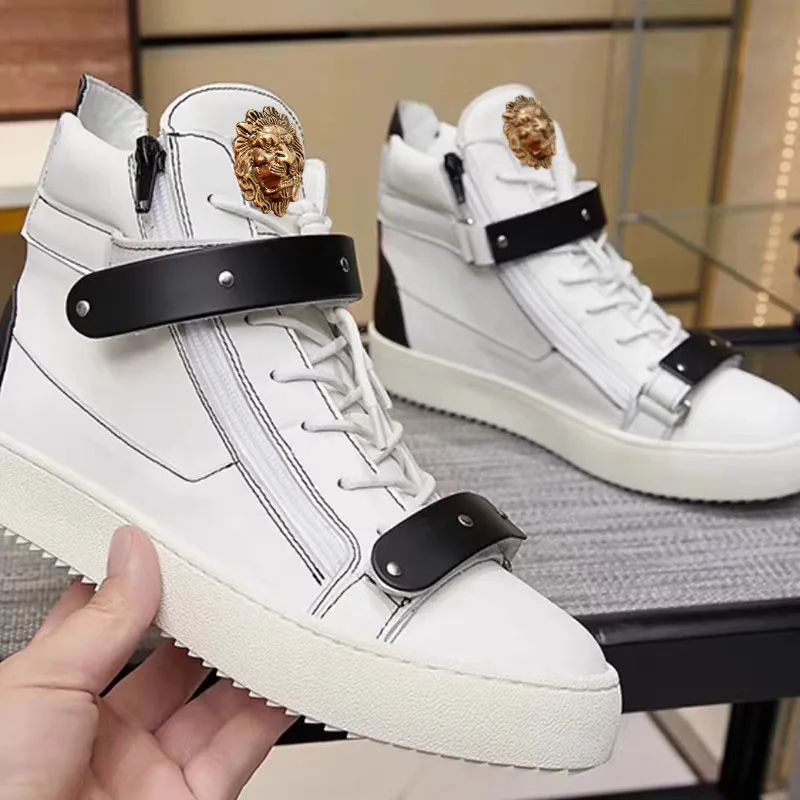 

High Top Metal Chain Fashion Flat Casual Sneakers Zipper Luxury Club Streetwear Shoes Men Black White Color Designer Male 37-47