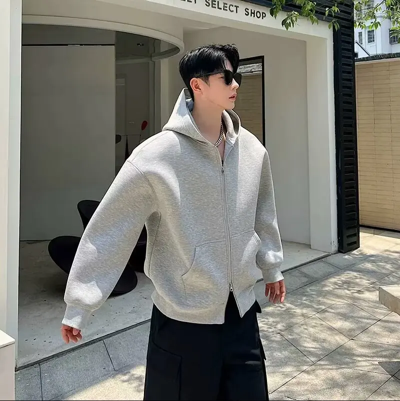 

2025 Autumn New Men's Double Zipper Hoodie Jacket Winter Korean Fashion Harajuku Casual Loose Hooded Sweatshirt Coat Streetwear