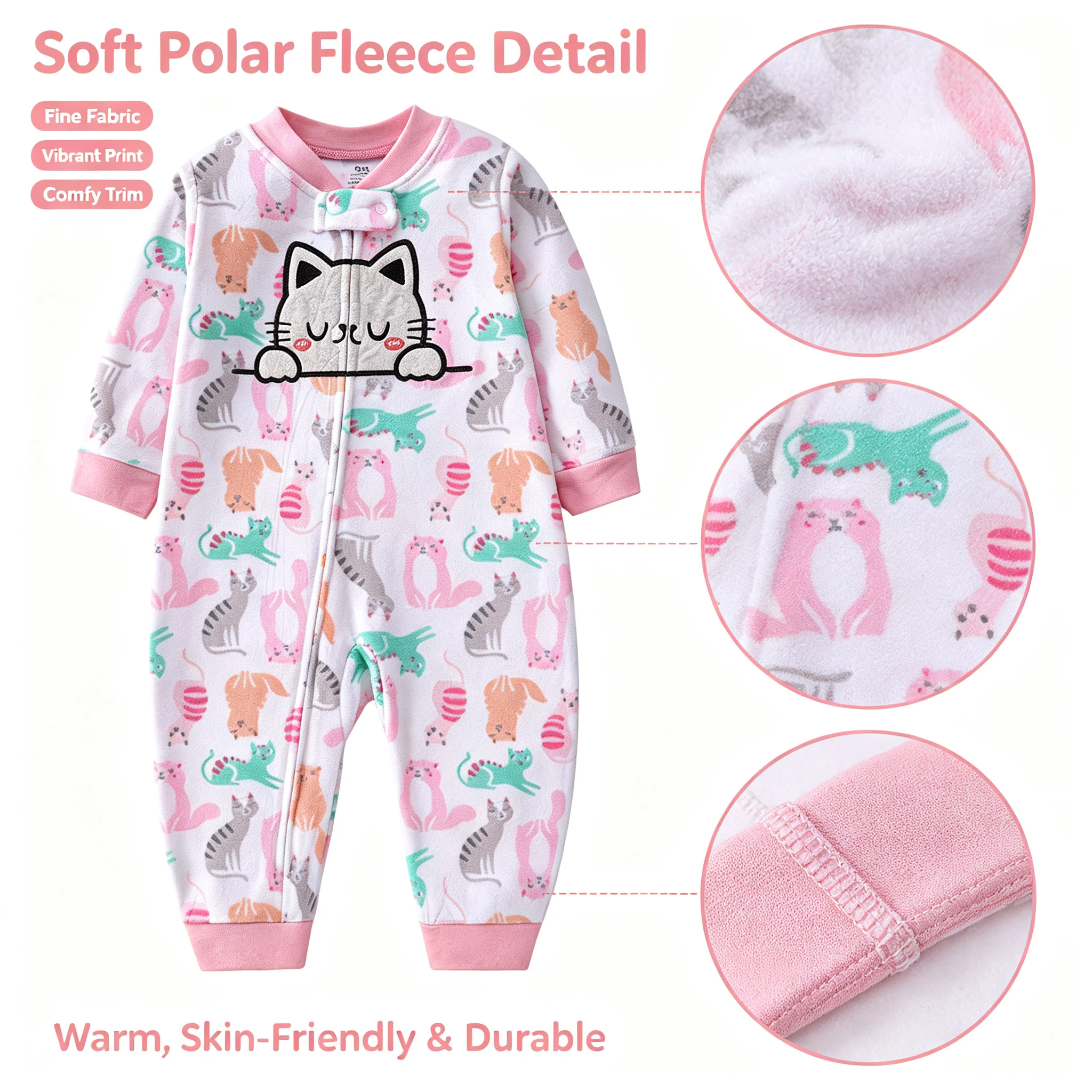 Toddler One Piece Polar Fleece Clothes Cartoon Cat Print Baby Footless Long Sleeve Zipper Infant Warm Romper