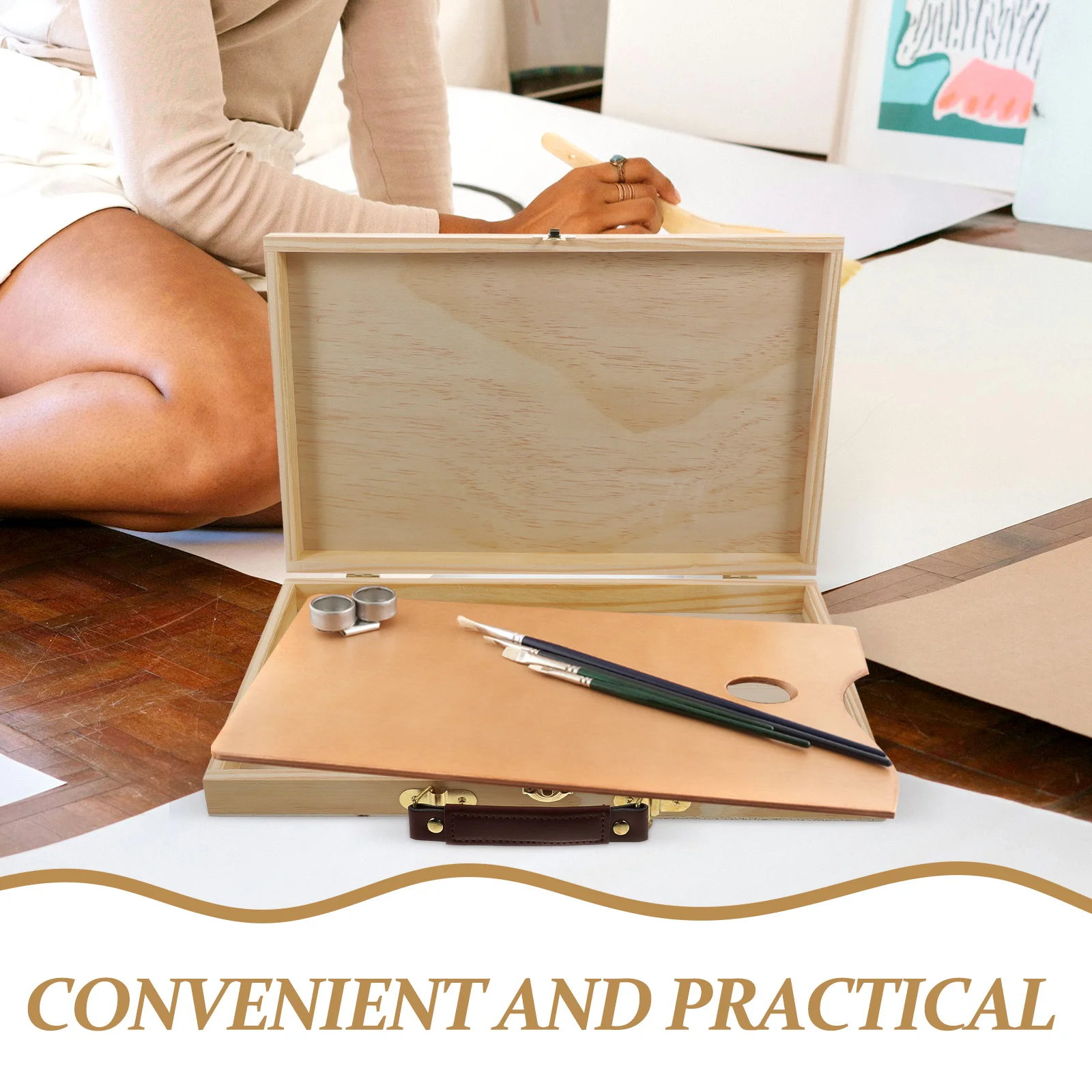 Portable Solid Paint Box Wood Paint Box Drawing Tool Case With Handle Supplies Wooden Storage Container