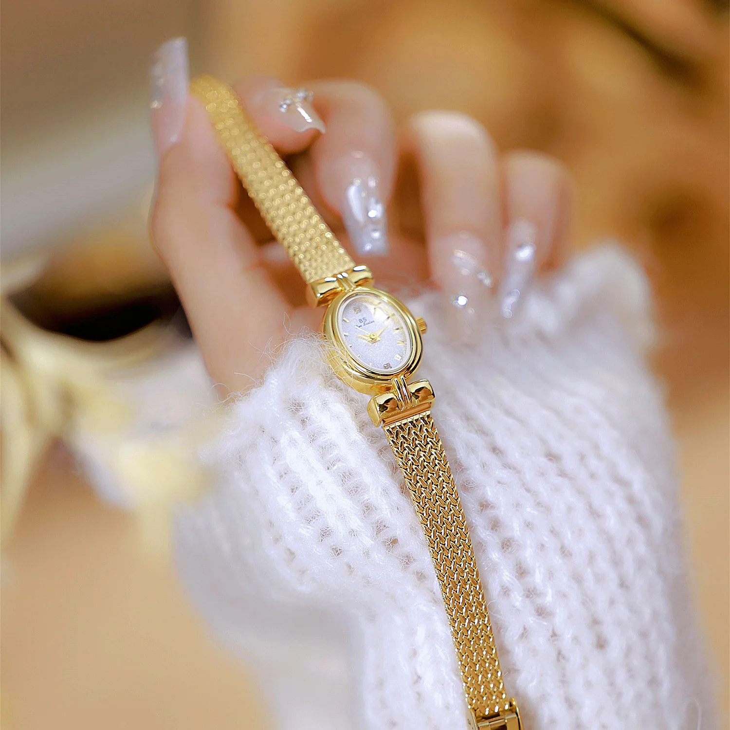 BS Original Brand Watch For Woman Oval Gold Mesh Strap Vintage Watch Women Ladies Quartz Watches Luxury Birthday Gifts Women