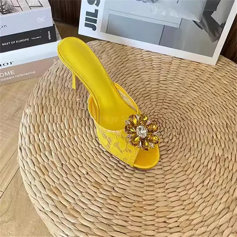 Lace Diamond Decor High Heels Slippers for Women New Fashion Thin Heel Lady Open Toe Half Shoes Outwear Sandals Large Size 41-43