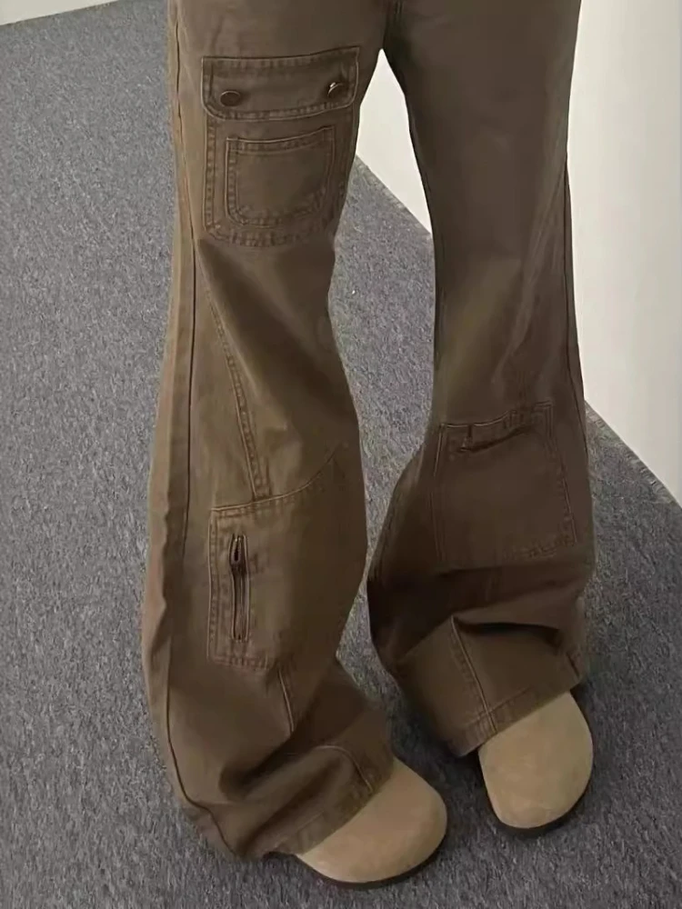 Jeans cargo retrò Jeans lavati kaki con fondo a campana Donna Estate American Streetwear Pantaloni elasticizzati slim larghi Jeans denim versatili