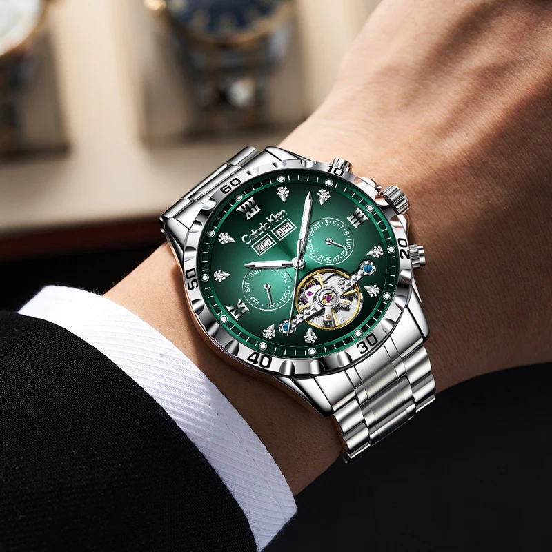 ساعة ميكانيكية فاخرة متعددة الوظائف للرجال من الفولاذ المقاوم للصدأ مقاومة للماء ساعات توربيون أوتوماتيكية للرجال ساعة تقويم كلاسيكية #6