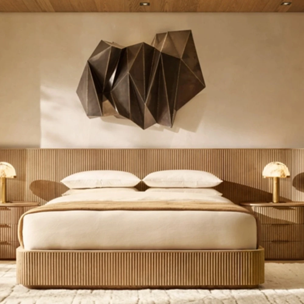 

Luxury Modern Classic American Solid Oak Wood King Size Bed Bedroom Furniture Sets Fabric Shelter Bed With Close Nightstands