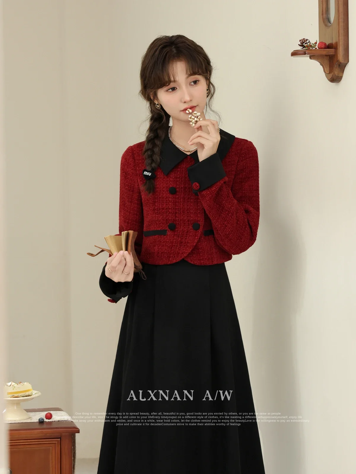 

ALXNAN Fake Two Piece Dresses for Women 2024 Autumn French Style Elegant Tweed A-line Patchwork Dresses Female LXN329109
