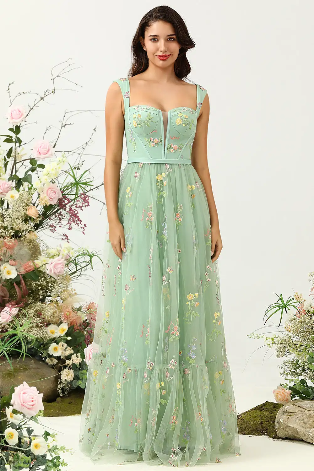 A-Line Square Neck Prom Dress With Flower Embroidered Tulle Long Evening Party Dresses Graduation Gown Wedding Party Dresses