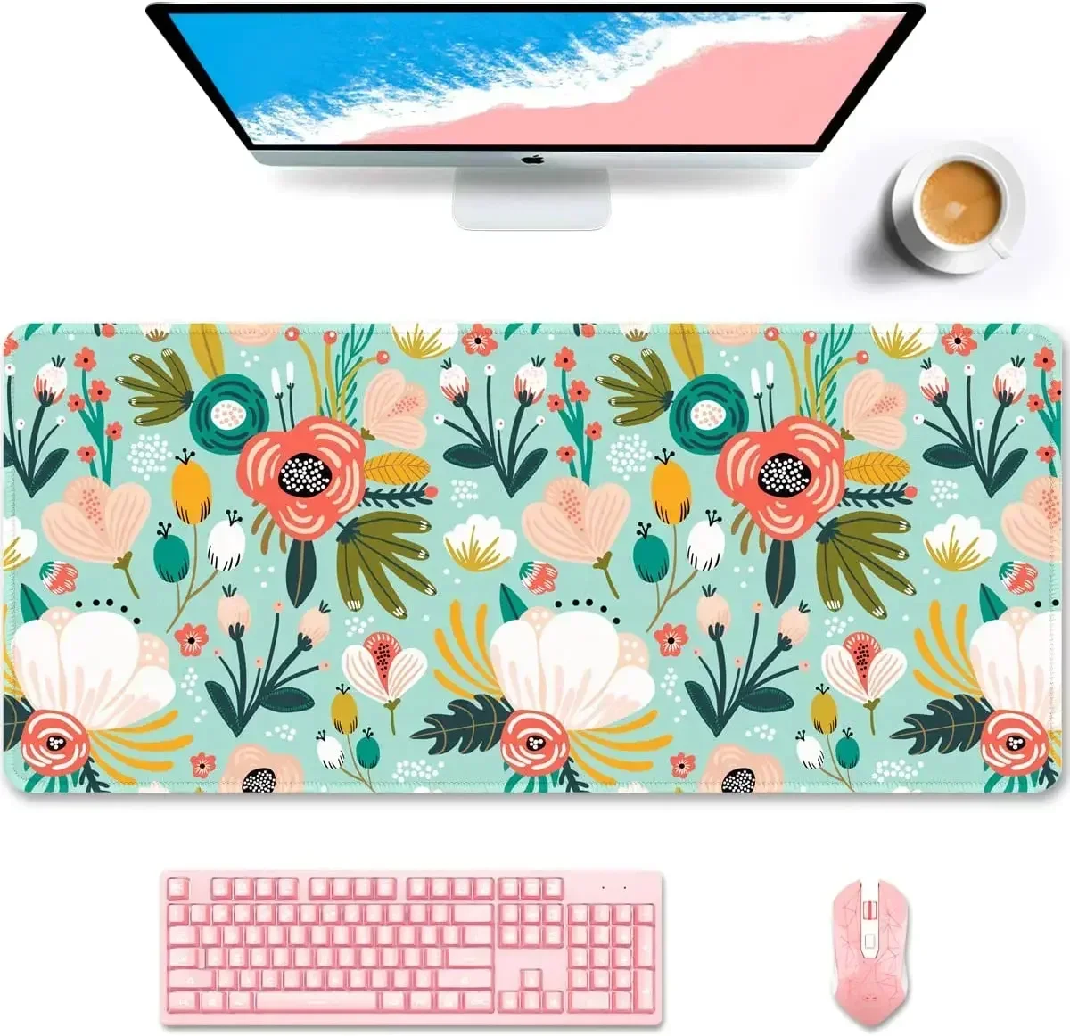 1pc Mouse Pad Gamer Green & Floral Kawaii Home Computer Accessories Large Mausepad XXL Desk Mat Soft Non-Slip Carpet Table Rug