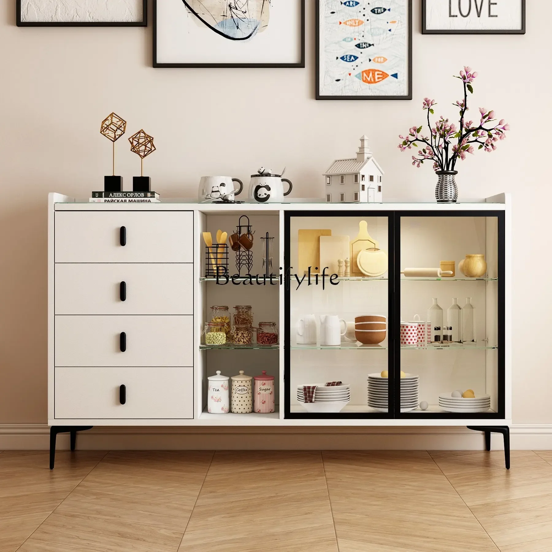 

yj5 Light luxury modern simple household tea cabinet, glass storage against the wall, living room side cabinet