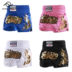 Thai Boxing Shorts Men Women Kids Muay Thai Shorts with Gold Embroidery Unisex Fighters Fighting Training Kickboxing Costumes