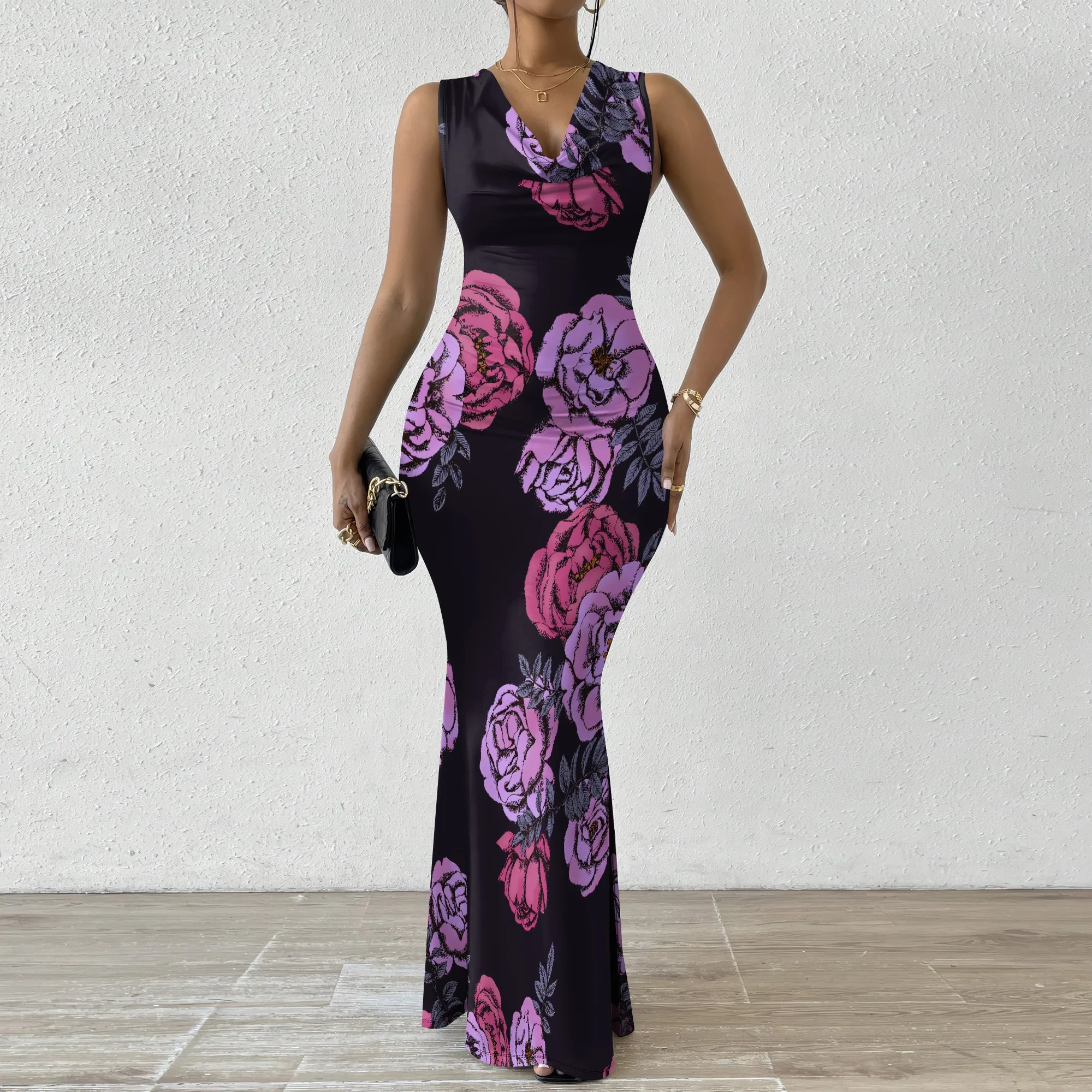 

Women's V-Neck Sleeveless Maxi Dress Black with Pink Purple Rose Floral Print Elegant Evening Dress