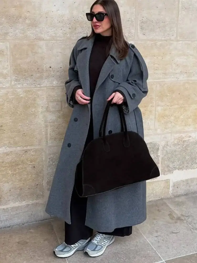 新しいソリッドターンダウンカラーウールコート女性のためのエレガントなダブルブレストポケットオーバーコート秋ストリートレディシックロングジャケット