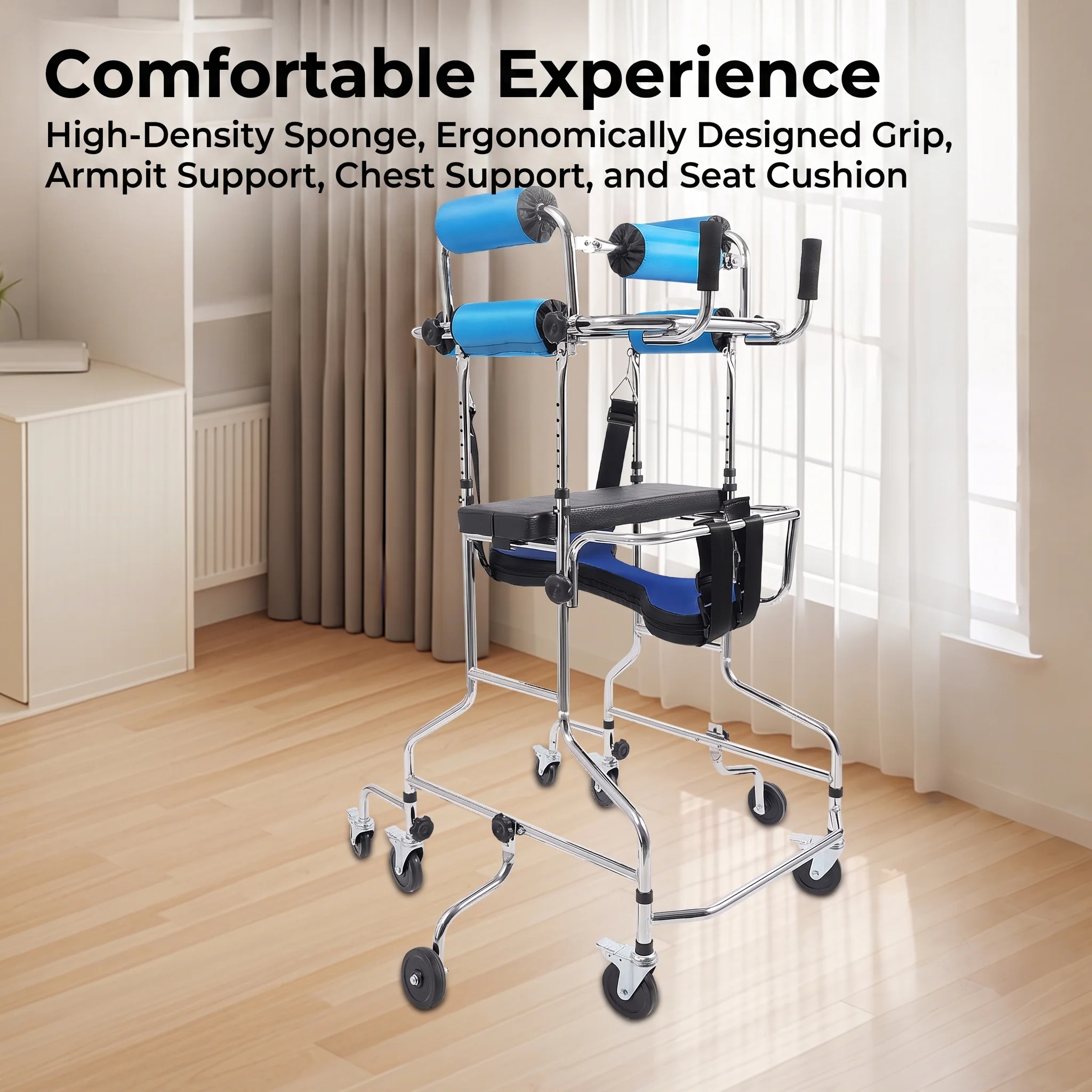 Upright Walk Assist Trainer for Elderly & Stroke Recovery, 8-Wheel 6-Brake Rollator 100kg Load, Adjustable Leg Stretch Angle & Height 116-140cm, Ideal for Daily Lower Body Strength & Walking Practice