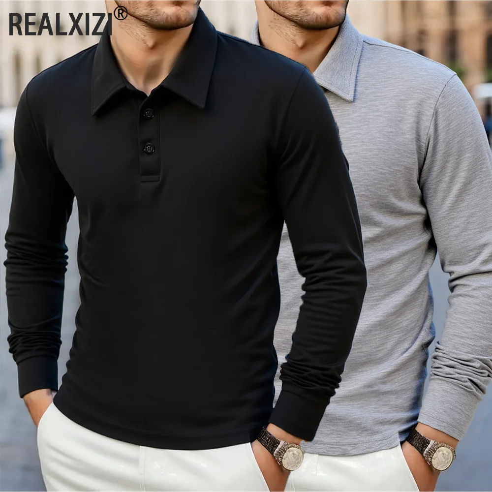Men's Business Casual Long Sleeve Polo T-shirt Spring Summer Solid Color Comfortable Breathable Top Polos Shirts Male